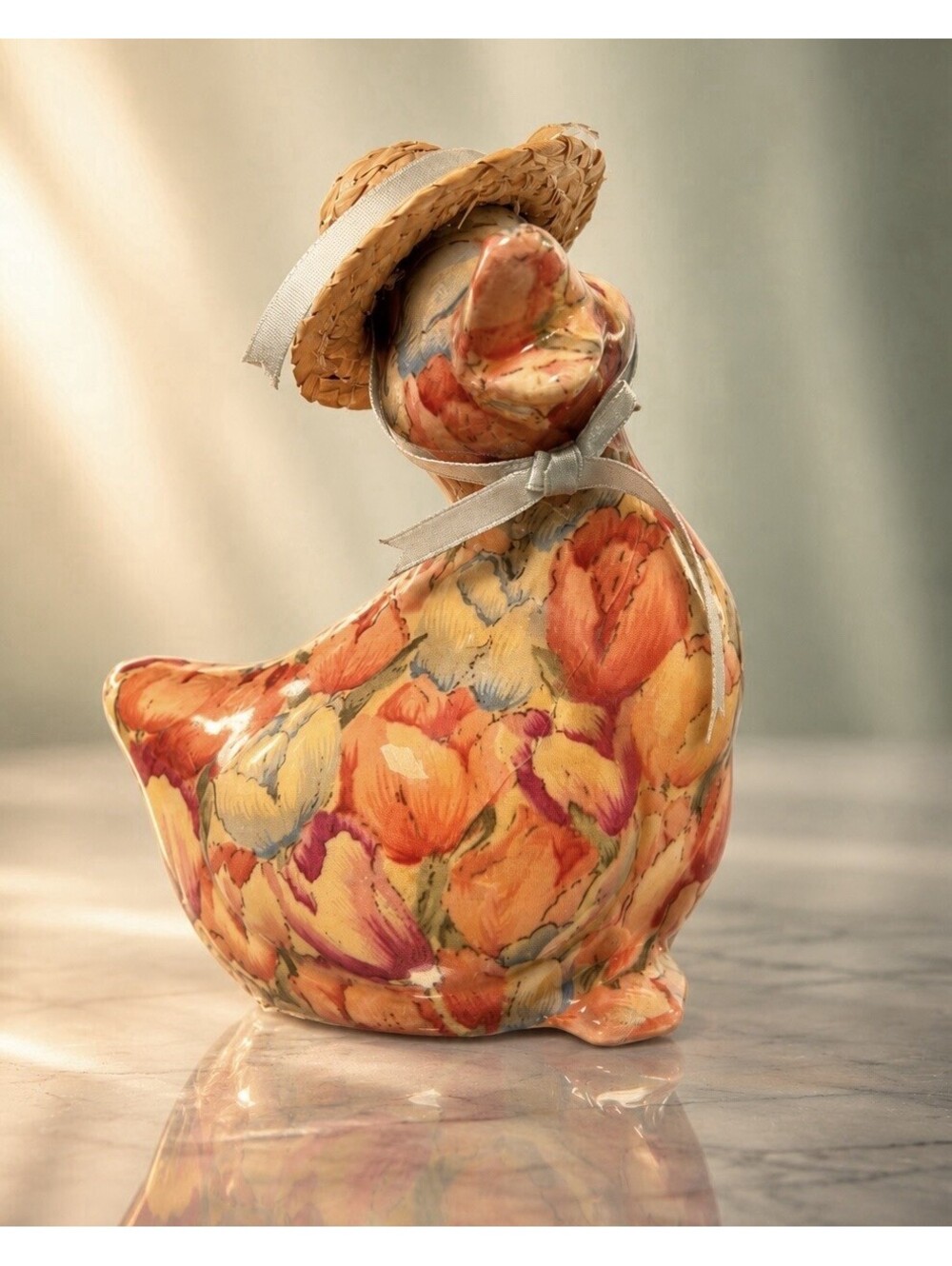 Otagiri Enesco 1996 Tulip Decoupage Calico Duck Figurine With Straw Hat, 4x6”